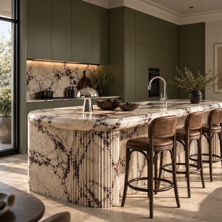 Modern kitchen with olive-green cabinetry, white marble island with veined pattern, and wooden bar seating