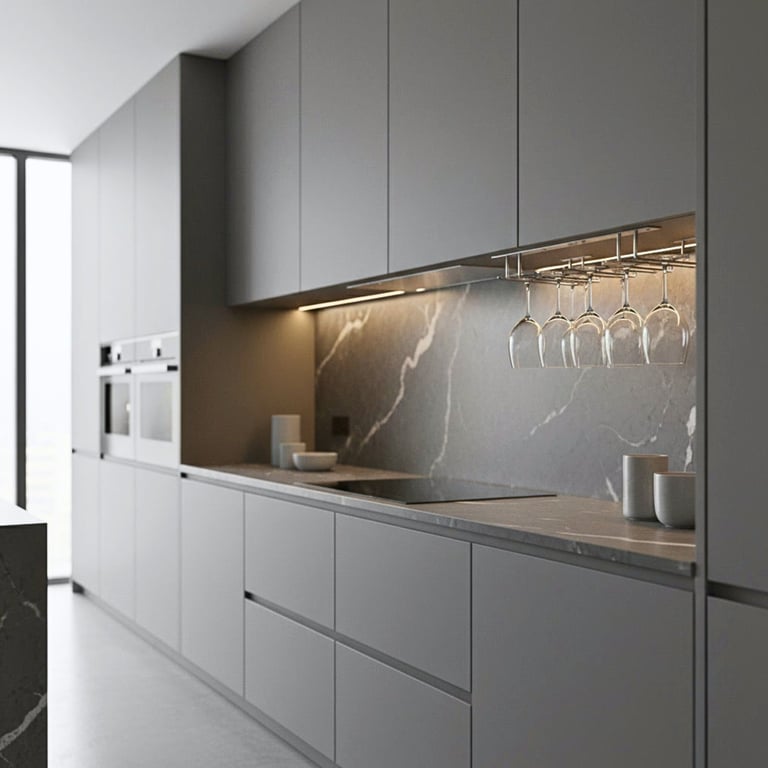 Modern gray kitchen with sleek cabinetry, marble backsplash, under-cabinet lighting, and hanging stemware