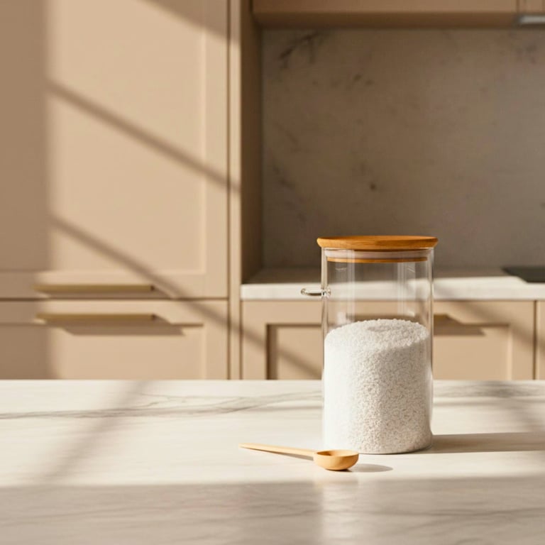 Glass jar with wooden lid filled with white salt on a table with sunlight casting shadows