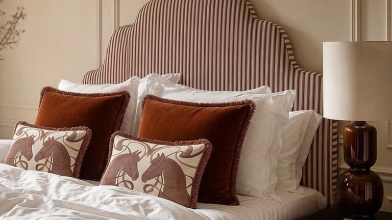 Elegant bedroom with upholstered striped headboard, decorative pillows in rust and beige tones, white bedding, and a ceramic lamp