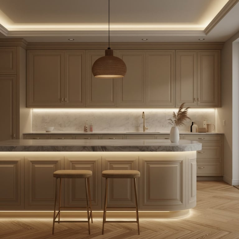 Modern kitchen with beige cabinetry, marble backsplash, bronze pendant light, island with two bar stools, and warm ambient lighting throughout