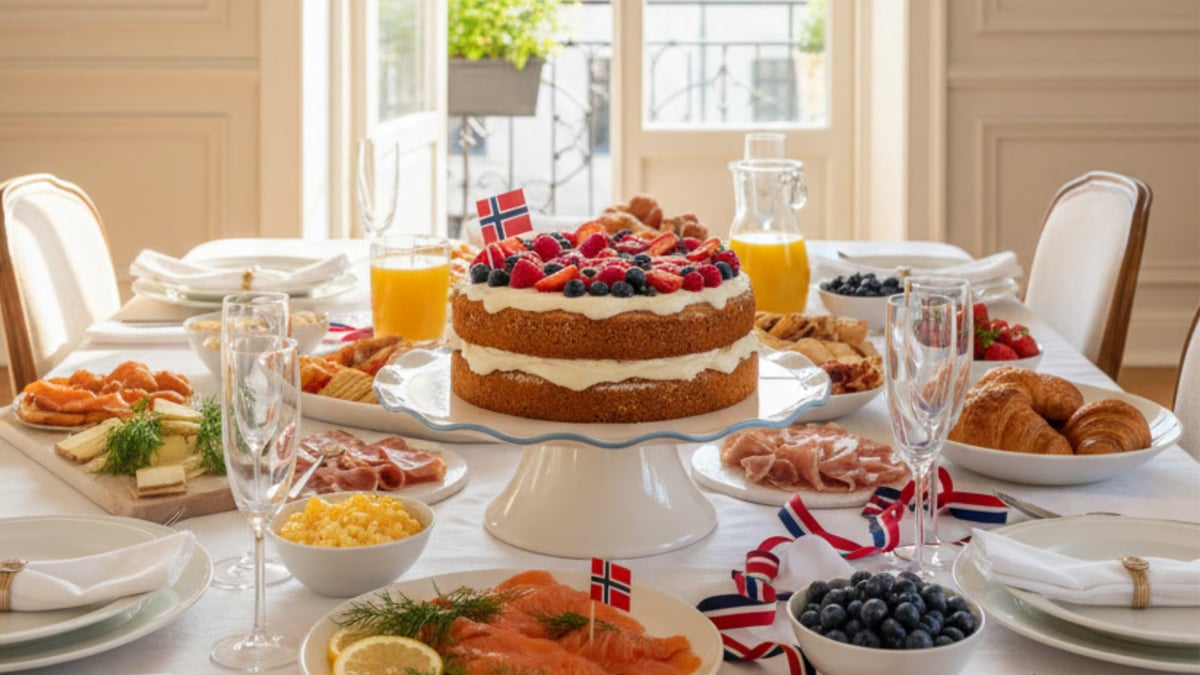 17 mai frokostbord med jordbærkake og dekorativt kakefat
