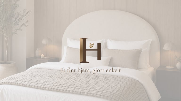 Minimalist bedroom with white upholstered headboard, neutral bedding, wooden side table, and soft lighting with Danish text overlay
