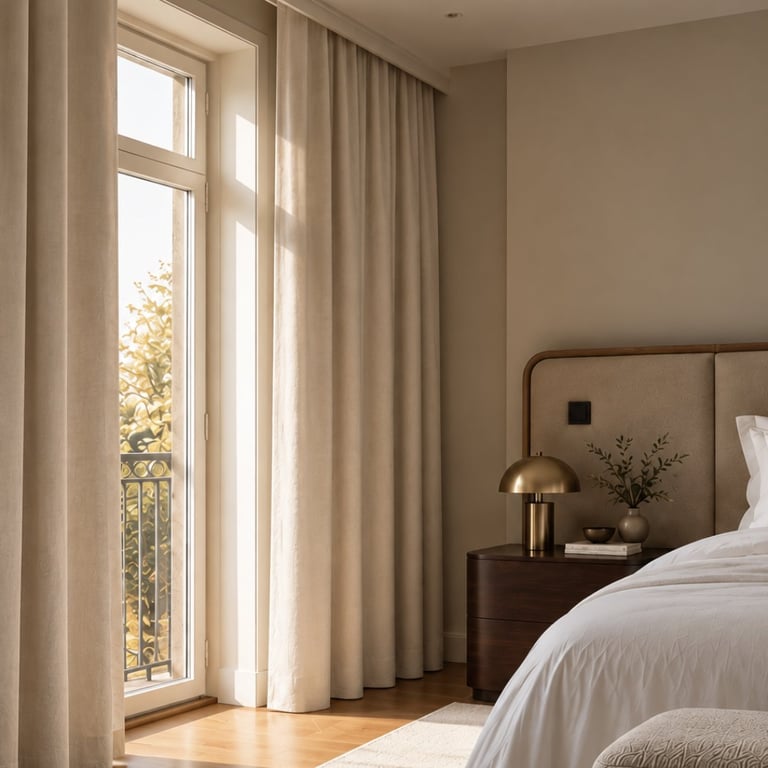 Modern bedroom with floor-to-ceiling windows, beige curtains, wooden flooring, upholstered headboard, white bedding, and warm wooden nightstand