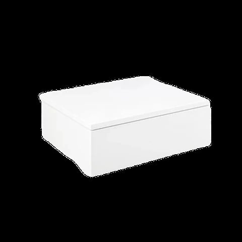 White rectangular box or storage container with a hinged lid, shown in 3D perspective view