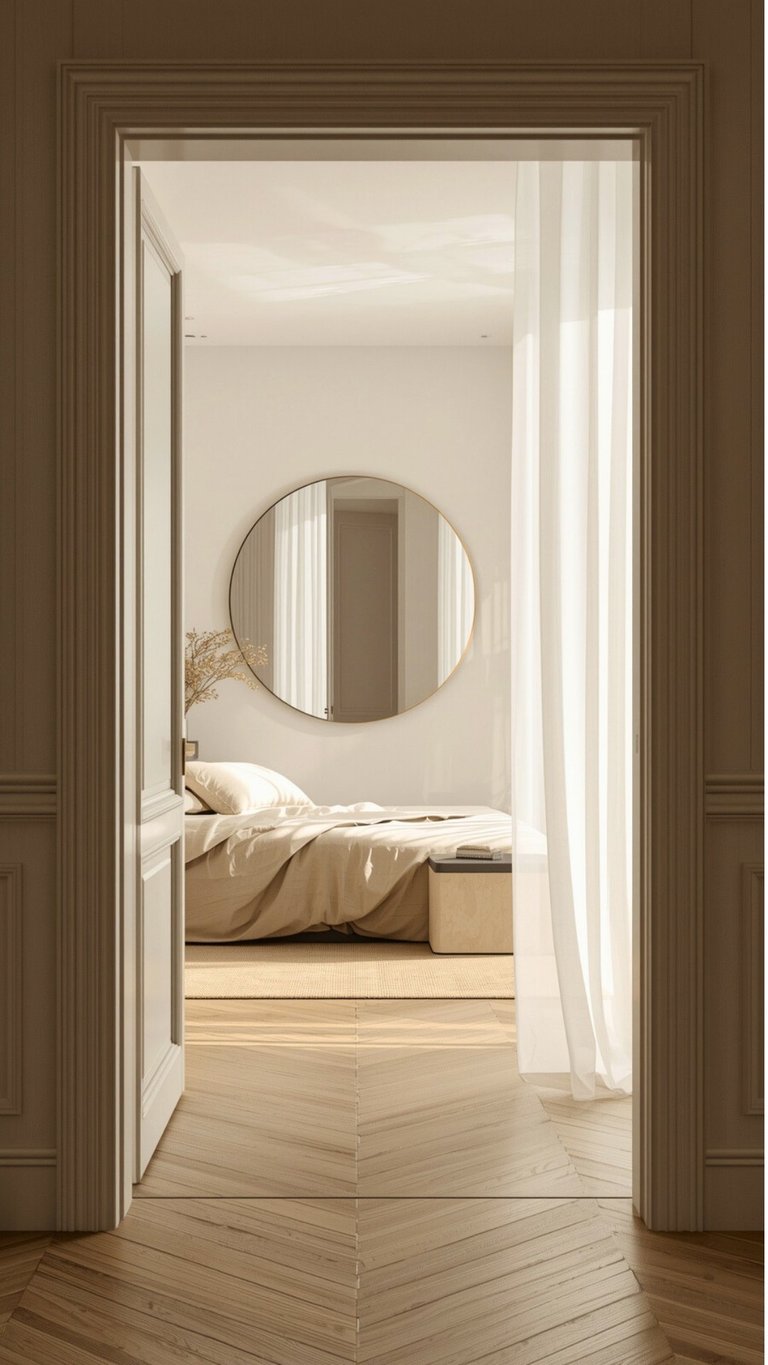 Modern minimalist bedroom viewed through open double doors with herringbone wood flooring, white curtains, round mirror, and neutral bedding