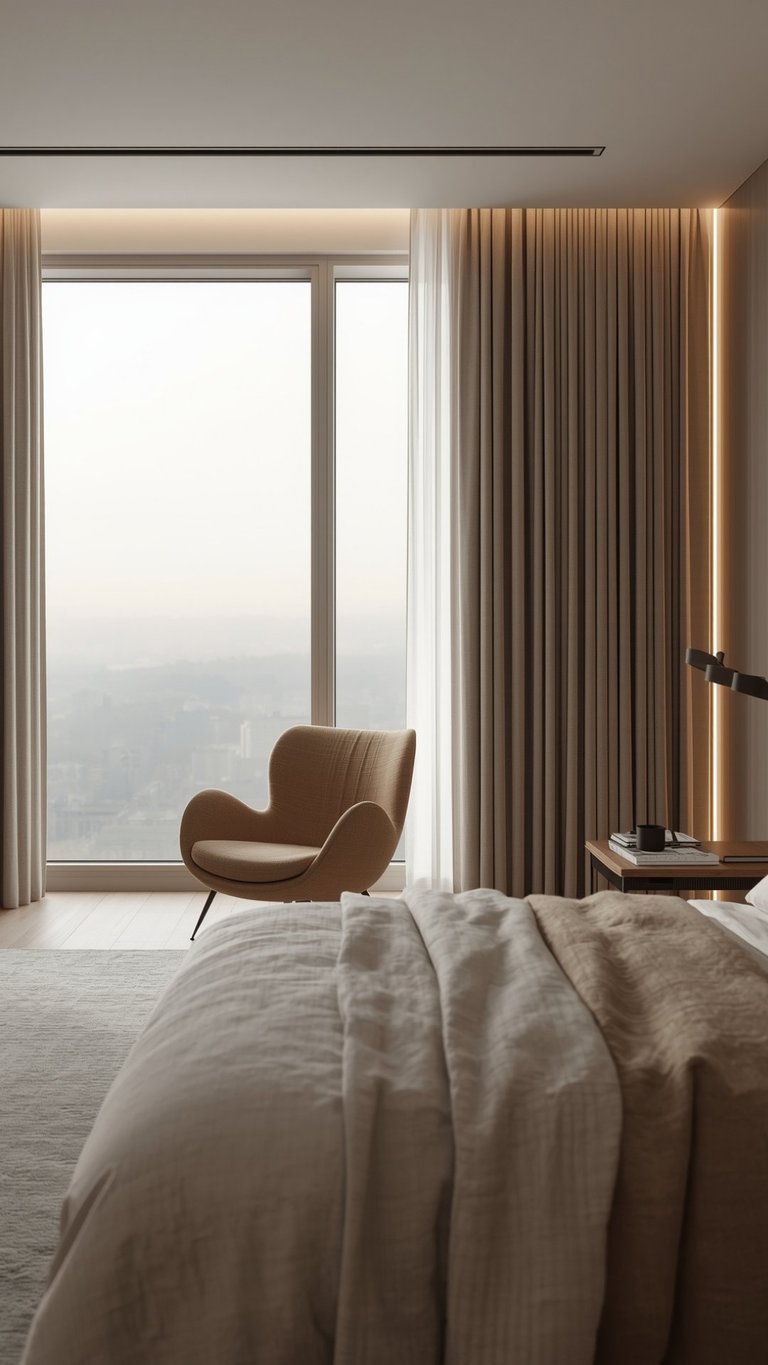 Modern bedroom with brown accent chair, floor-to-ceiling windows overlooking city, beige bedding, and tan curtains with ambient lighting
