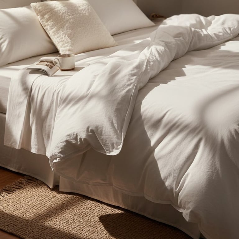 Unmade bed with white sheets, pillows, and duvet on a woven beige rug in natural sunlight