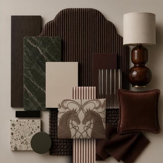 Mood board displaying interior design samples including fabrics, wallpapers, paint chips, a ceramic lamp, and decorative accents in earthy brown and neutral tones