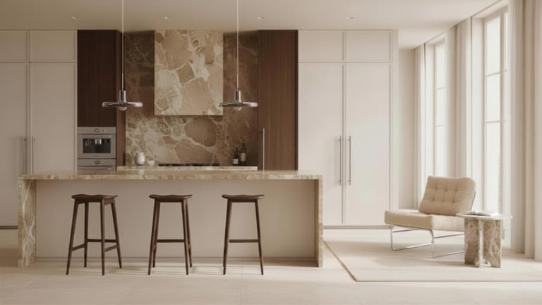 Modern kitchen with marble backsplash, brown bar stools, built-in appliances, and minimalist living area with accent chair by large windows