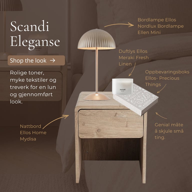 Minimalist scandinavian bedroom setup with wooden nightstand, dome lamp, and labeled furniture