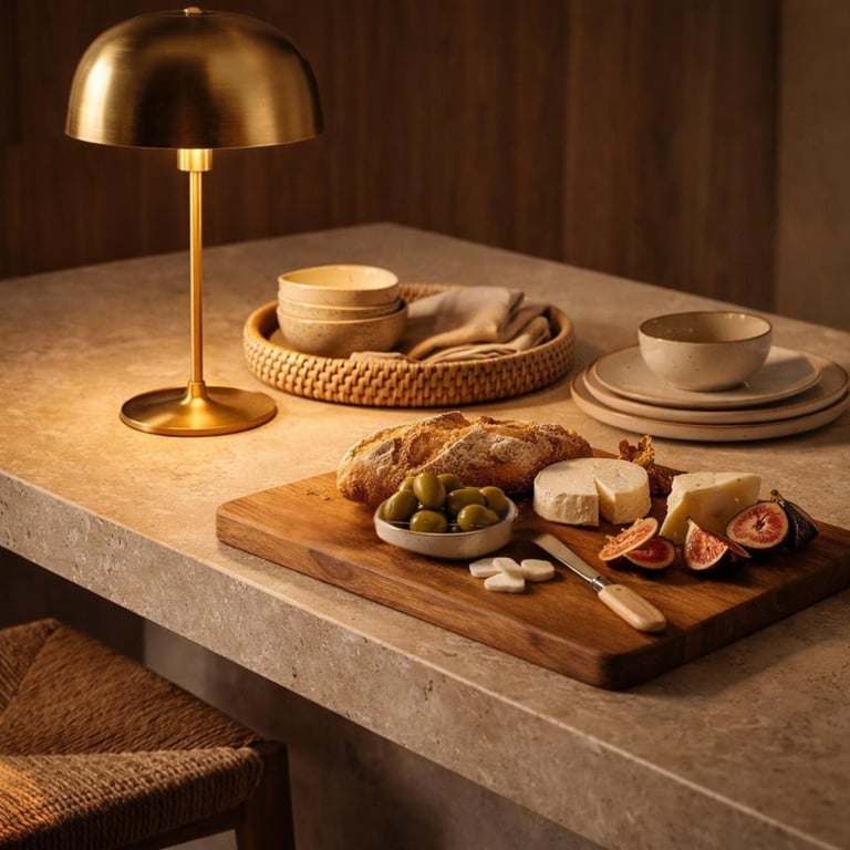Warm-toned minimalist table setting with brass dome lamp, wooden cutting board of appetizers, stacked plates, and decorative bowls on concrete table