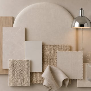Styled flat lay of neutral fabric swatches, wood samples, and a metal dome lamp on beige background