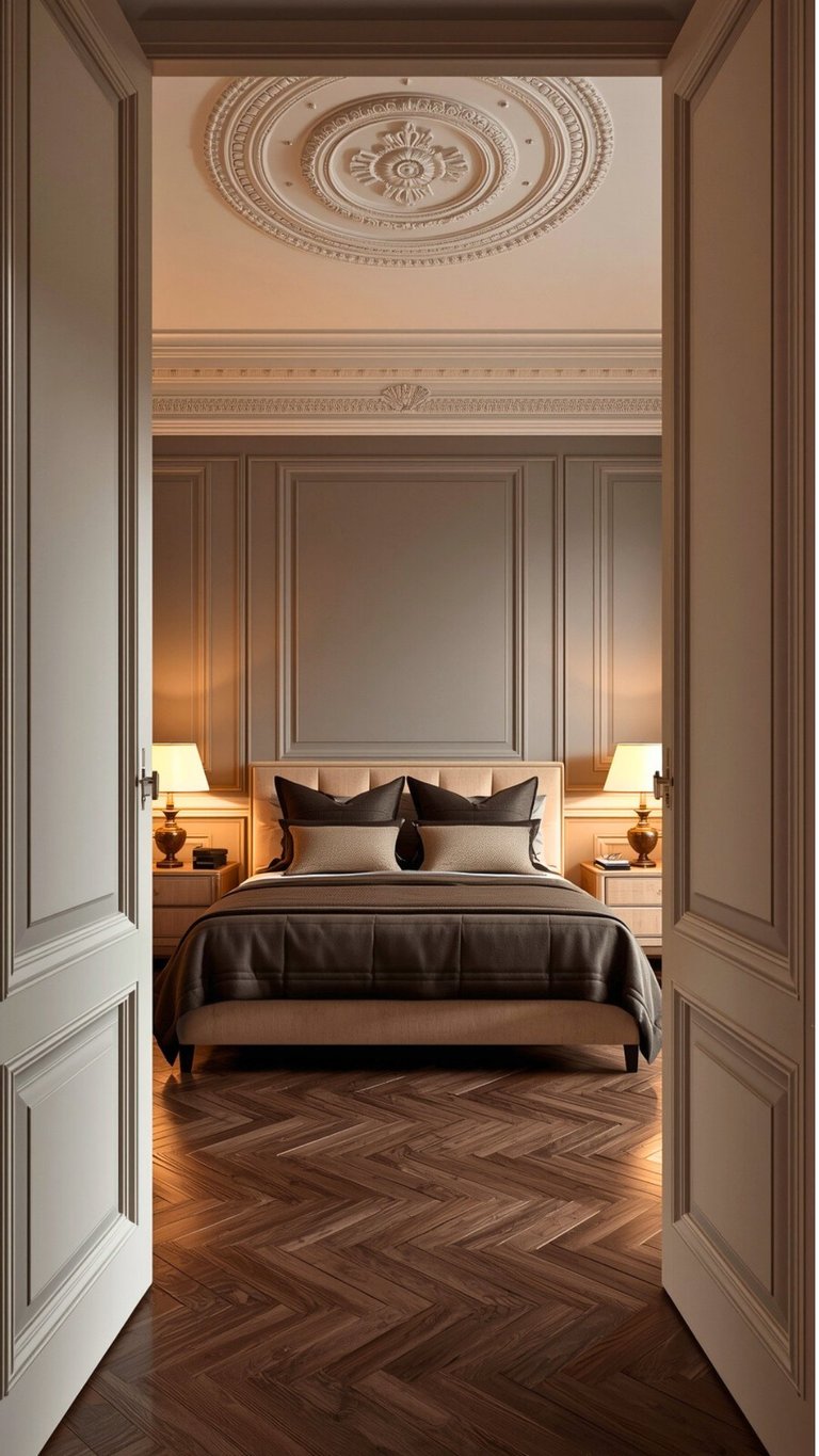 View through open doors into a luxury bedroom with ornate ceiling medallion, dark bed with neutral pillows, bedside tables with lamps, and herringbone wood flooring