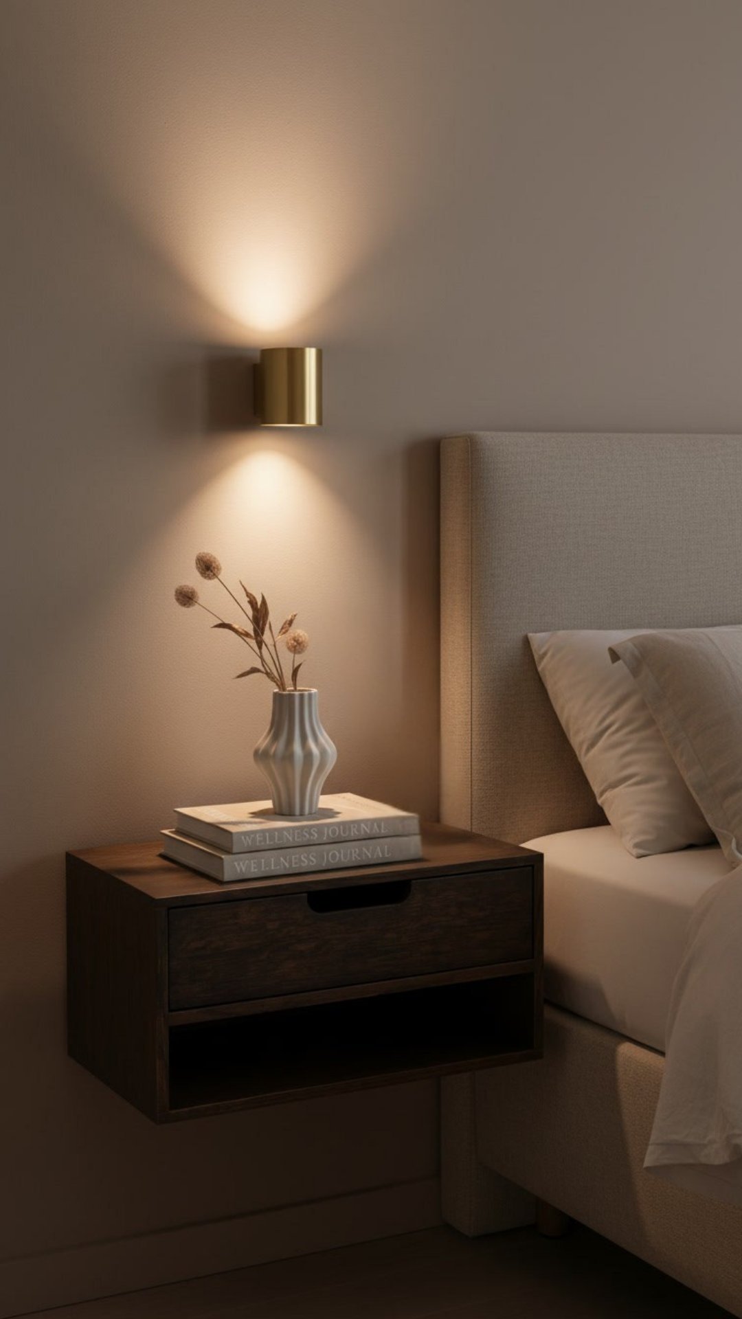 Moderne soverom med nattbord, vase med tørkede blomster og bøker