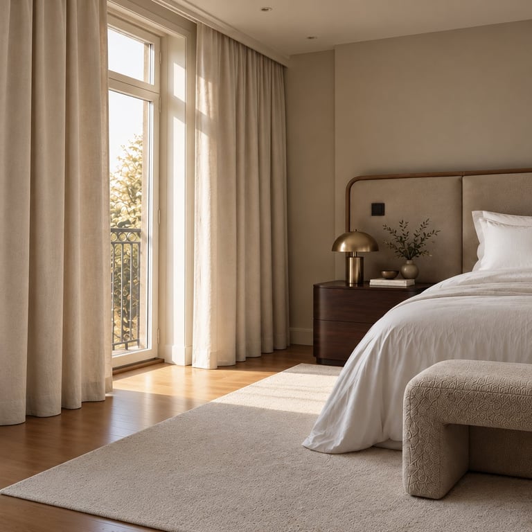 Modern bedroom with bed, bedside table, and floor-to-ceiling curtains framing large windows overlooking outdoor scenery