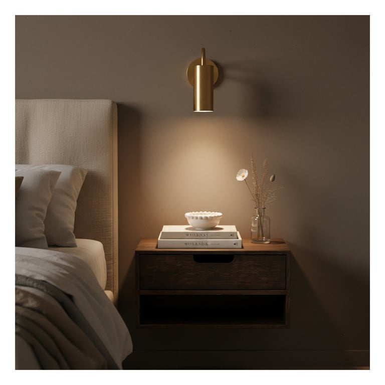 Modern bedroom nightstand with brass pendant lamp, wooden drawer, books, and decorative items against a gray wall