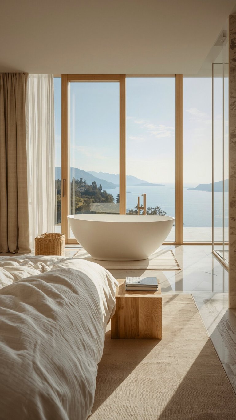 Luxury bedroom with freestanding bathtub and floor-to-ceiling windows overlooking a serene mountain lake landscape