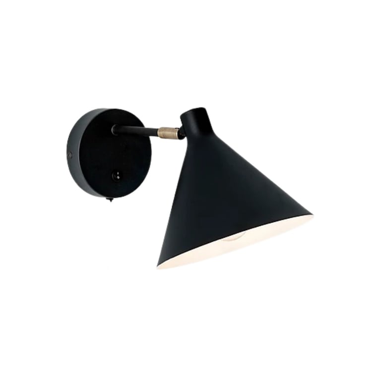 Black cone-shaped wall sconce with adjustable arm and wooden joint detail on white background