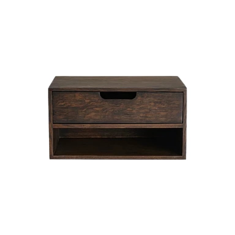 Dark wood wall-mounted cabinet with one drawer and open shelf compartment below