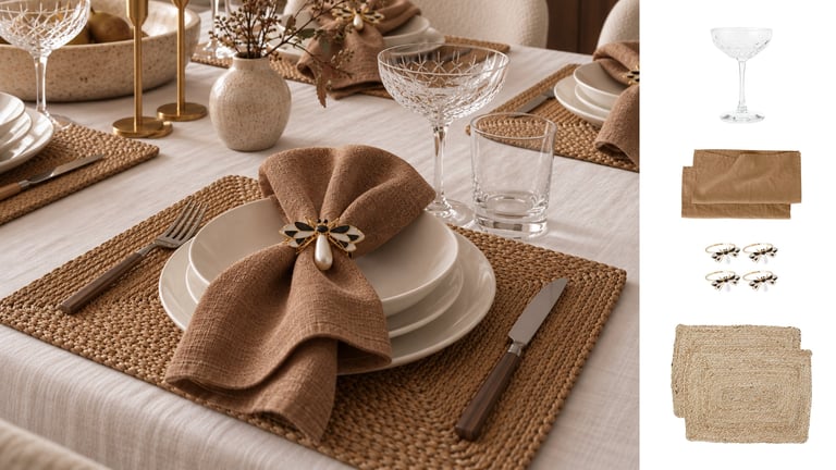 Elegant table setting with beige napkin bow on white plate, woven placemat, and wine glass on neutral tablecloth