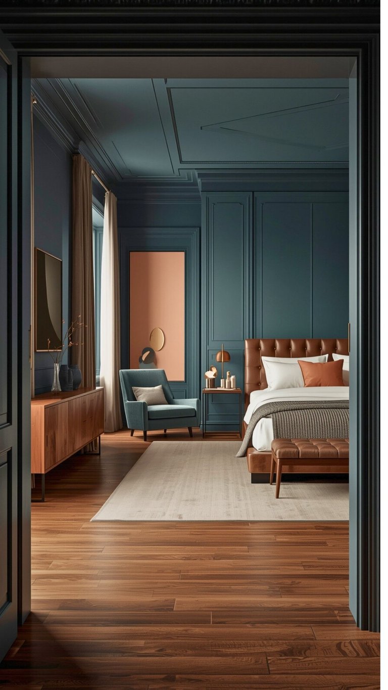 Modern bedroom with teal walls, cognac leather bed, wooden furniture, teal armchair, and hardwood flooring viewed through open doorway
