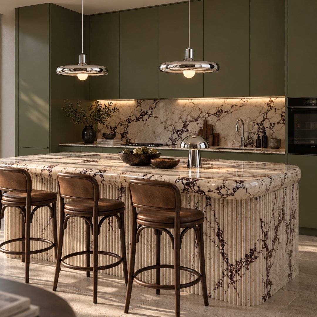 Modern kitchen with olive green cabinetry, marble island with bar seating, wooden stools, and pendant lights