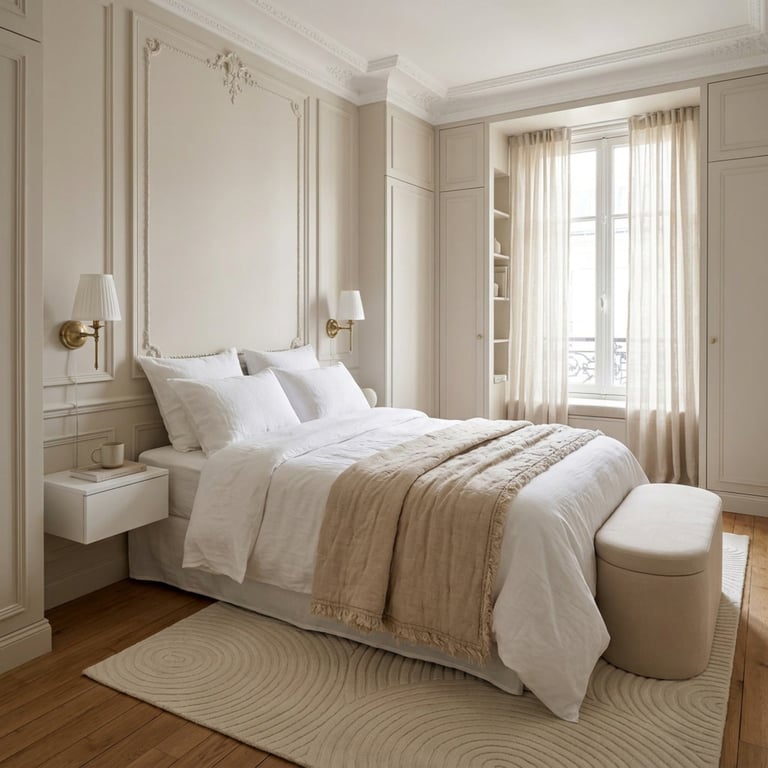 Elegant bedroom with neutral tones, white bedding, beige throw blanket, floating nightstands with brass sconces, and floor-to-ceiling windows with sheer curtains