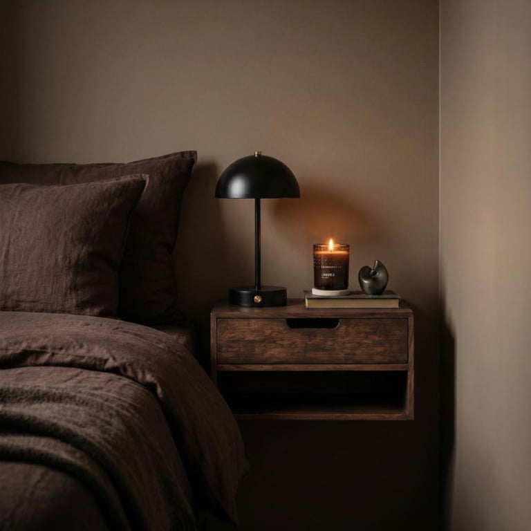 Bedside table with black dome lamp, lit candle, and small sculpture against a neutral wall, next to a bed with brown pillows