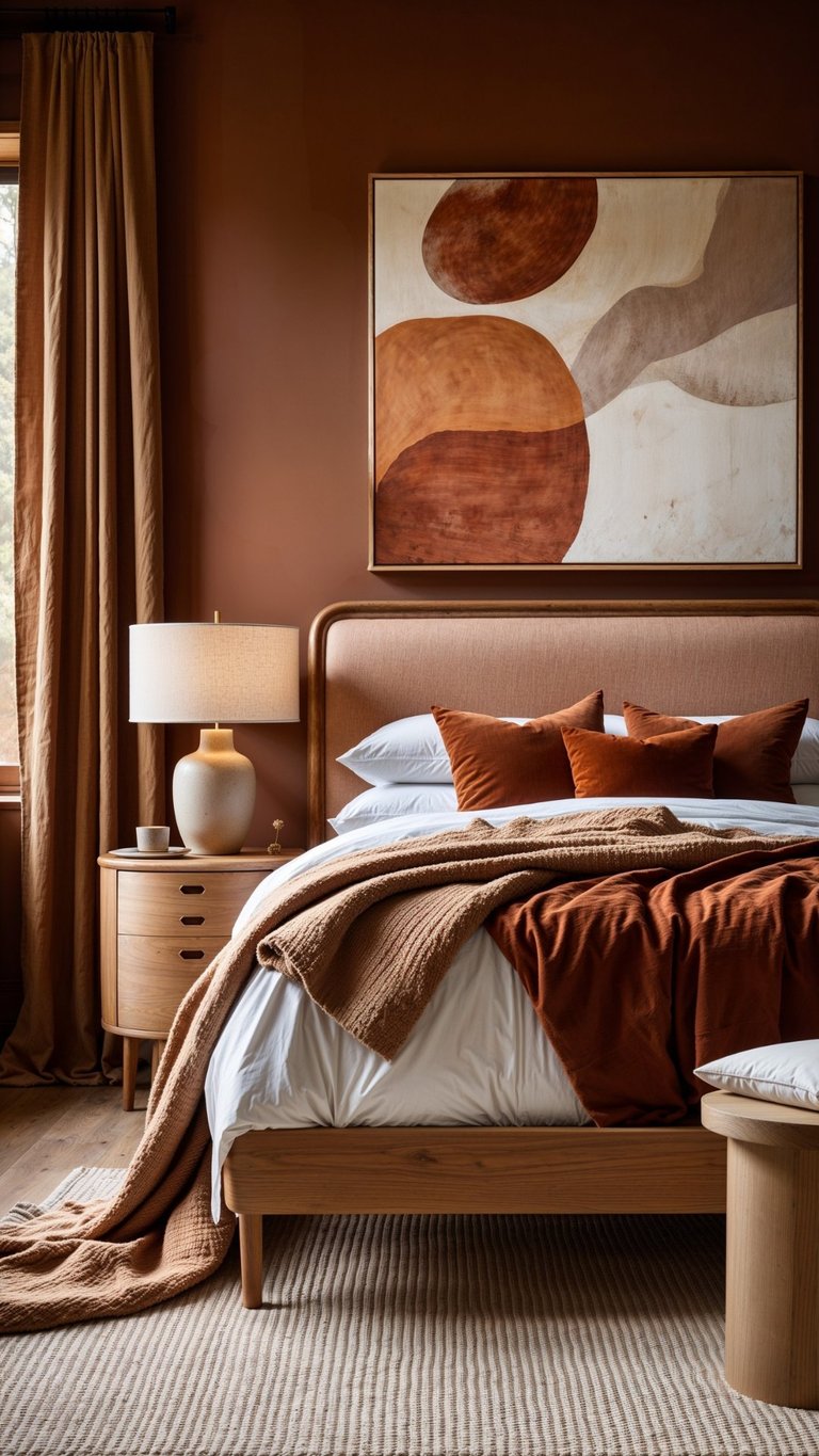 Modern bedroom with warm brown tones, wood bed frame, rust-colored pillows and blankets, bedside lamp, curtains, and abstract circular artwork above headboard