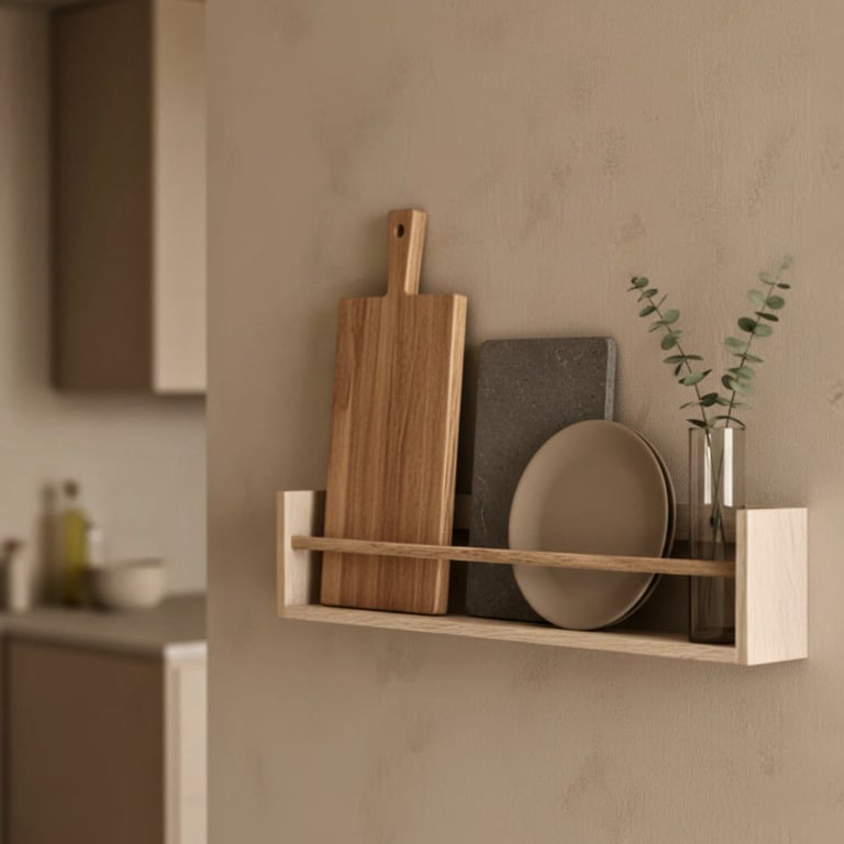 Wooden wall shelf holding a cutting board, dark tray, beige bowl, spoon, and glass vase with eucalyptus leaves in a minimalist kitchen.