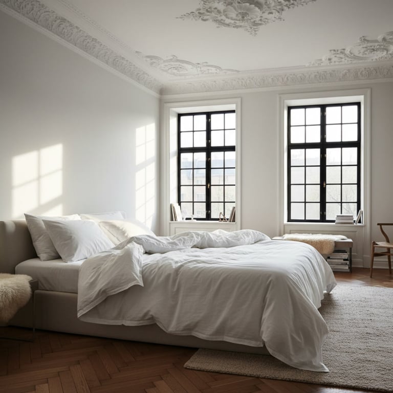 Bright minimalist bedroom with white bedding, two tall windows with black frames, ornate white ceiling details, and wooden herringbone flooring
