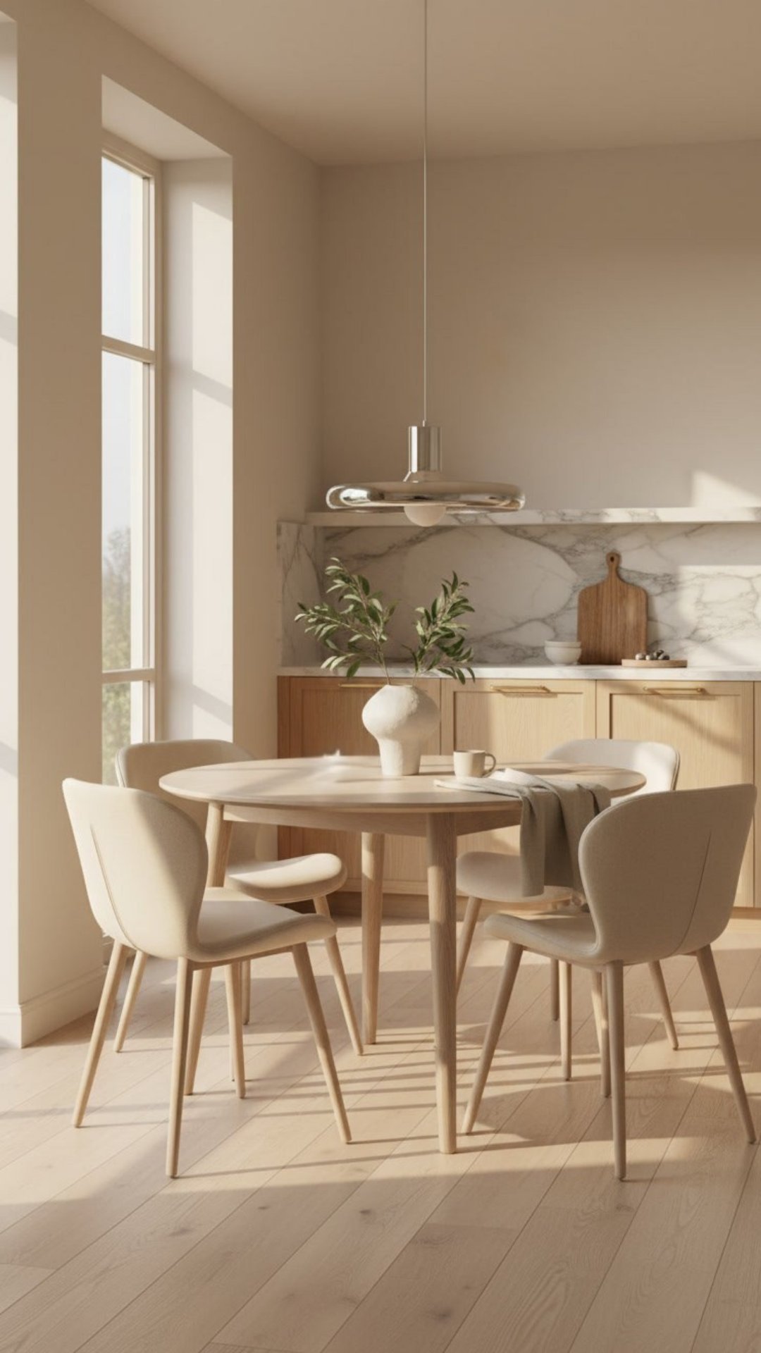Minimalist dining room with round wood table, beige upholstered chairs, natural light from tall windows, and wooden kitchen cabinetry