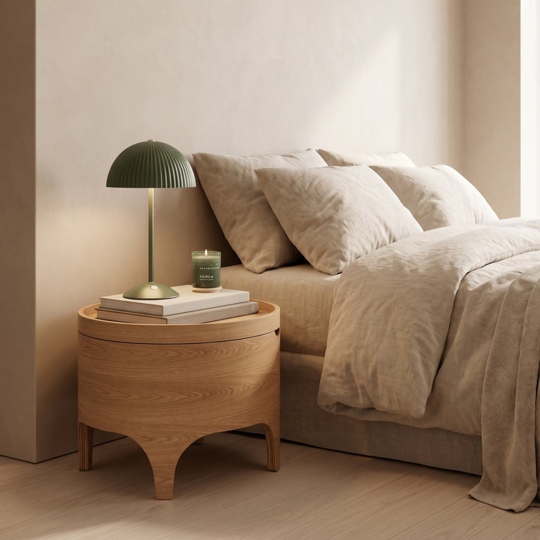 Modern bedroom with beige bed, wooden round nightstand, green dome lamp, and minimalist decor