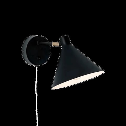 Black cone-shaped wall sconce with adjustable arm and cord on dark background