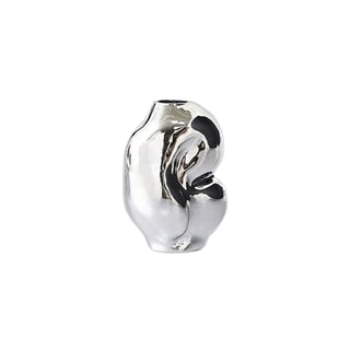 Abstract silver ceramic vase with organic curved form and black glazed accents