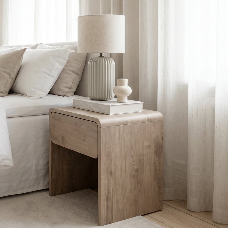 Wooden nightstand next to a cream sofa with a table lamp, small white candle, and book on top