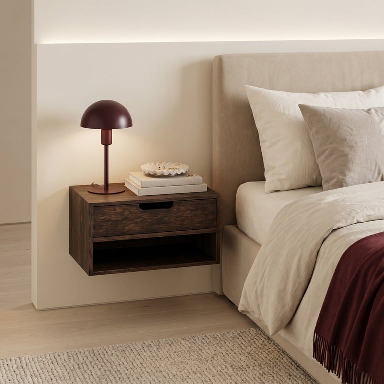 Modern bedroom nightstand with dark wood drawer, burgundy mushroom lamp, stacked books, and cream bedding against beige wall
