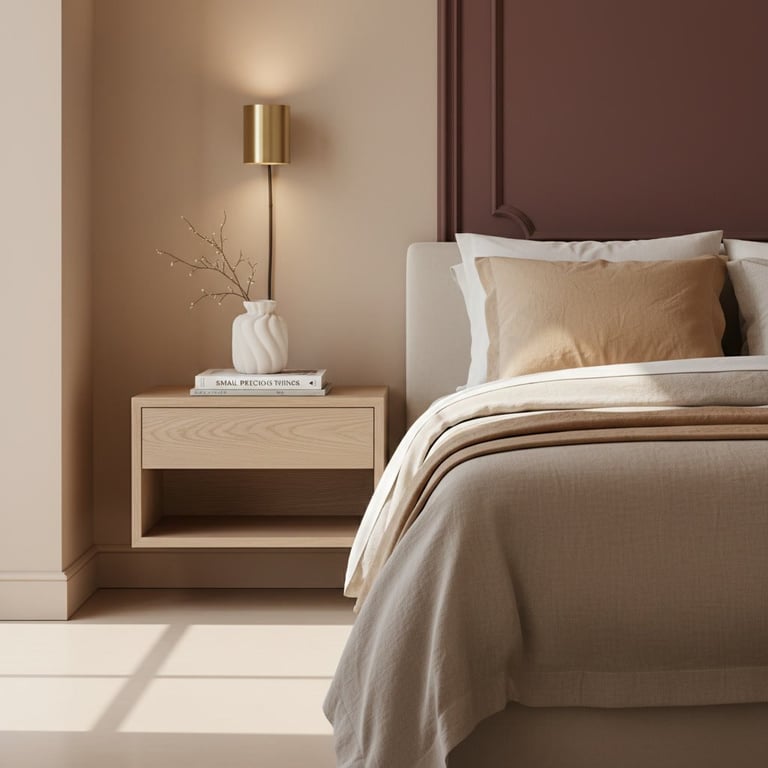 Modern bedroom with a light wood nightstand, brass table lamp, white bedding, and brown headboard against neutral walls