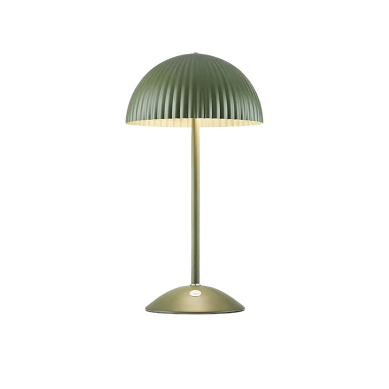Modern dome table lamp with sage green ribbed metal shade and slender brass stem on round base