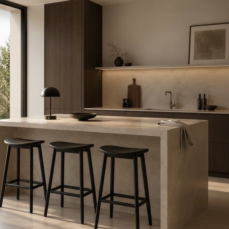 Modern minimalist kitchen with light wood island, three black bar stools, and dark wood cabinetry against neutral walls