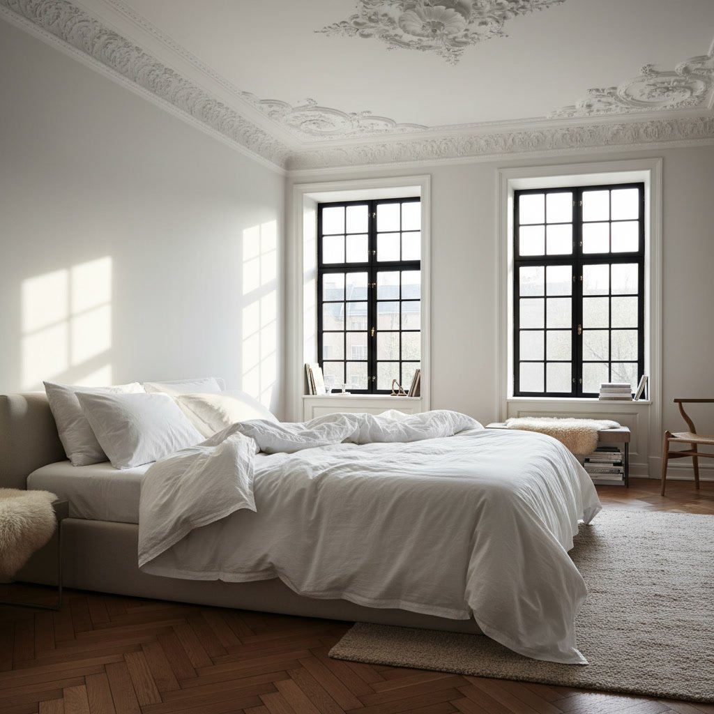 Bright, minimalist bedroom with large windows, white bedding, hardwood floor, and ornate ceiling details