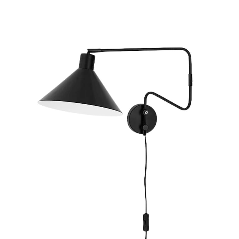 Black swing arm wall lamp with conical shade and cord switch on white background