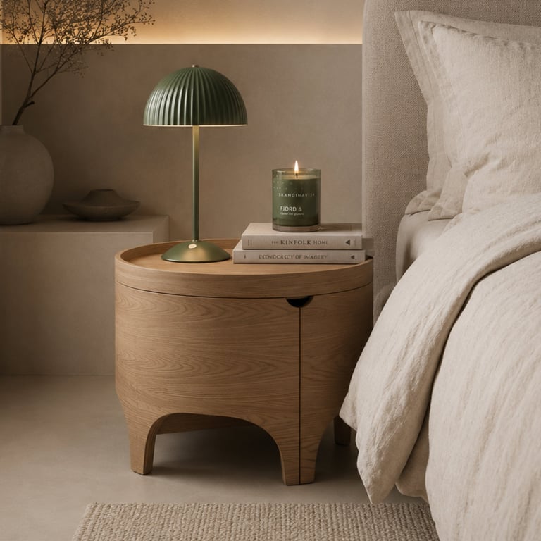 Wooden nightstand with dome lamp, candle, and stacked books next to a bed with white linens
