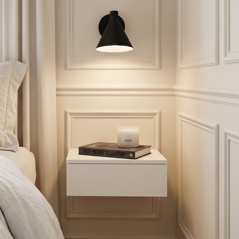 Modern bedroom nightstand with floating white drawer, stacked black books, small white object, and black pendant lamp above on cream paneled wall
