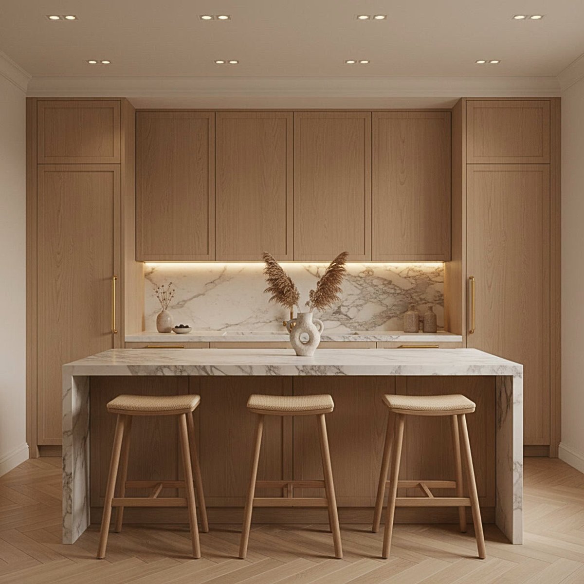 Modern kitchen with white marble island, three wooden bar stools, and floor-to-ceiling wood cabinetry with decorative pampas grass arrangement.