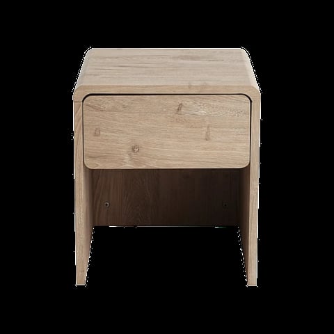 Light wood nightstand with one drawer and lower shelf against black background