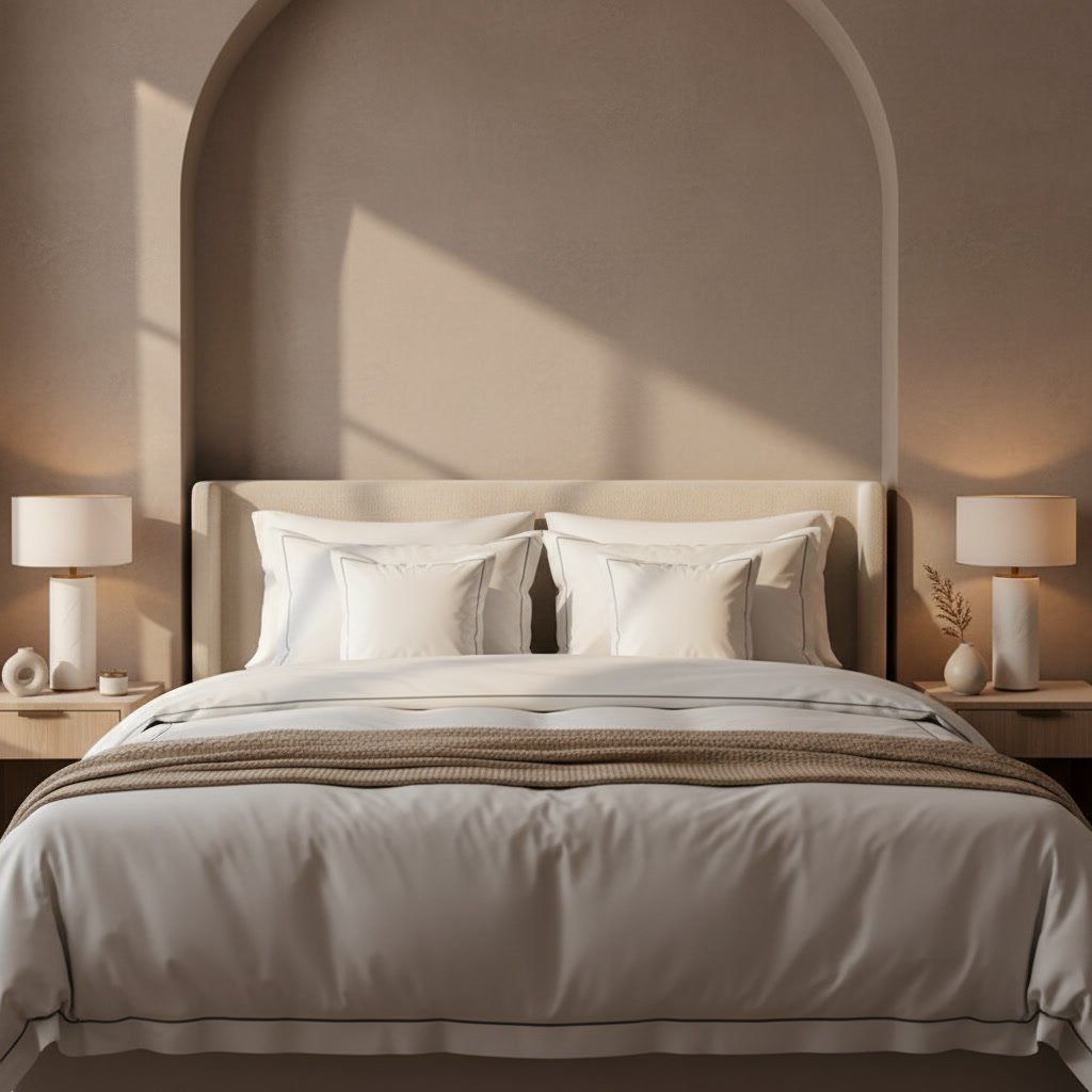Modern minimalist bedroom with arched headboard, white bedding, beige throw, and matching table lamps on neutral walls