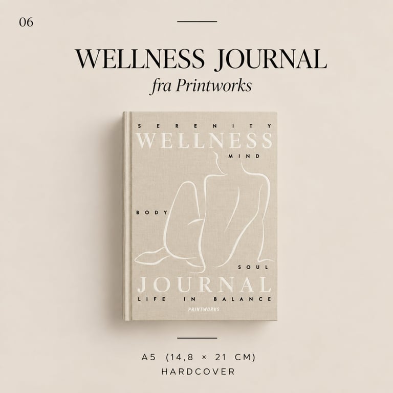 Wellness Journal hardcover book by Printworks featuring minimalist line art design on beige cover, A5 size