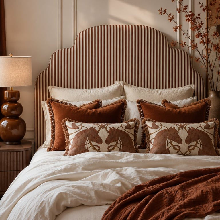 Luxury bedroom with ribbed metal headboard, layered bedding in cream and rust tones, decorative pillows, and bronze table lamp